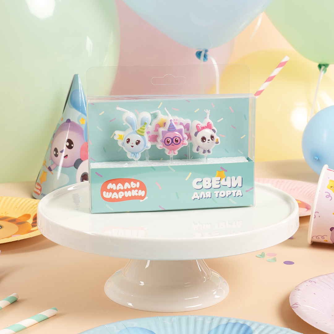 Свечи Малышарики, С Днем Рождения!, 6,2 + 4 см, 4 шт. с держат.